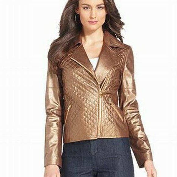 Ellen Tracy Bronze Metallic Moto Jacket Medium - Picture 1 of 2